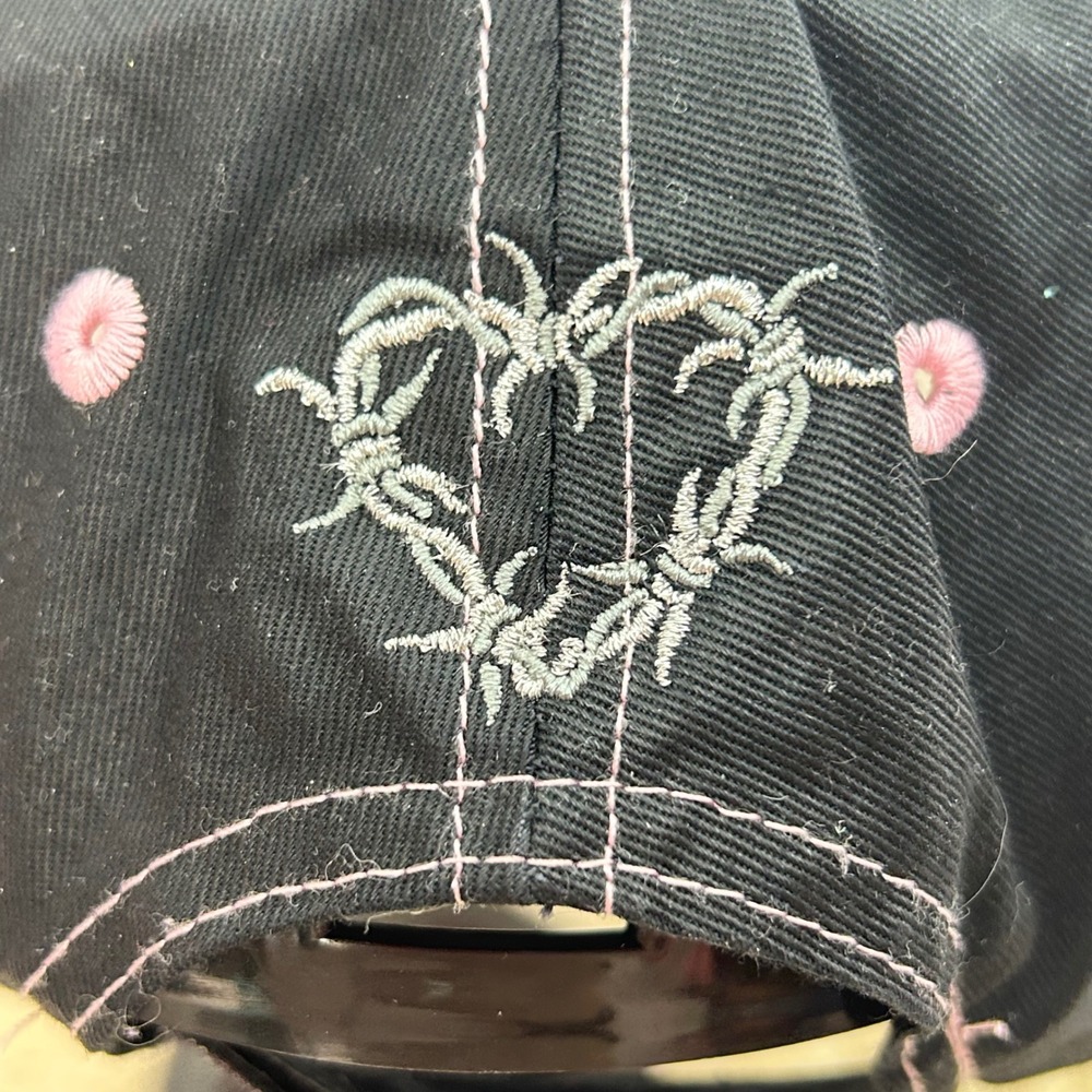 Biker Babe Embroidered Baseball Cap Black Pink Rhinestone‎ Heart Barbed Wire Hat - Picture 5 of 9